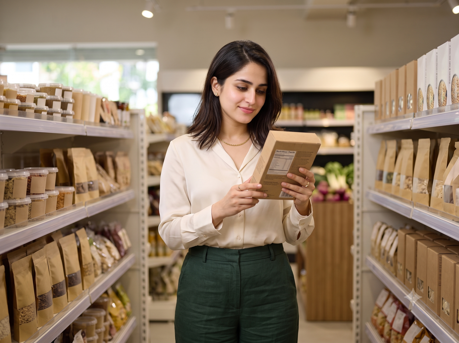 Anika reading a food ingredient label while grocery shopping